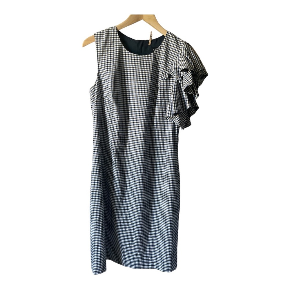 RONEN CHEN Micro Plaid Sheath Dress Size 8 Ruffle shoulder